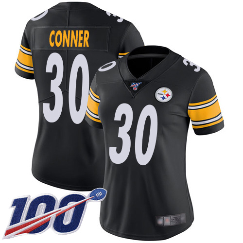 Women Pittsburgh Steelers Football #30 Limited Black James Conner Home 100th Season Vapor Untouchable Nike NFL Jersey->women nfl jersey->Women Jersey